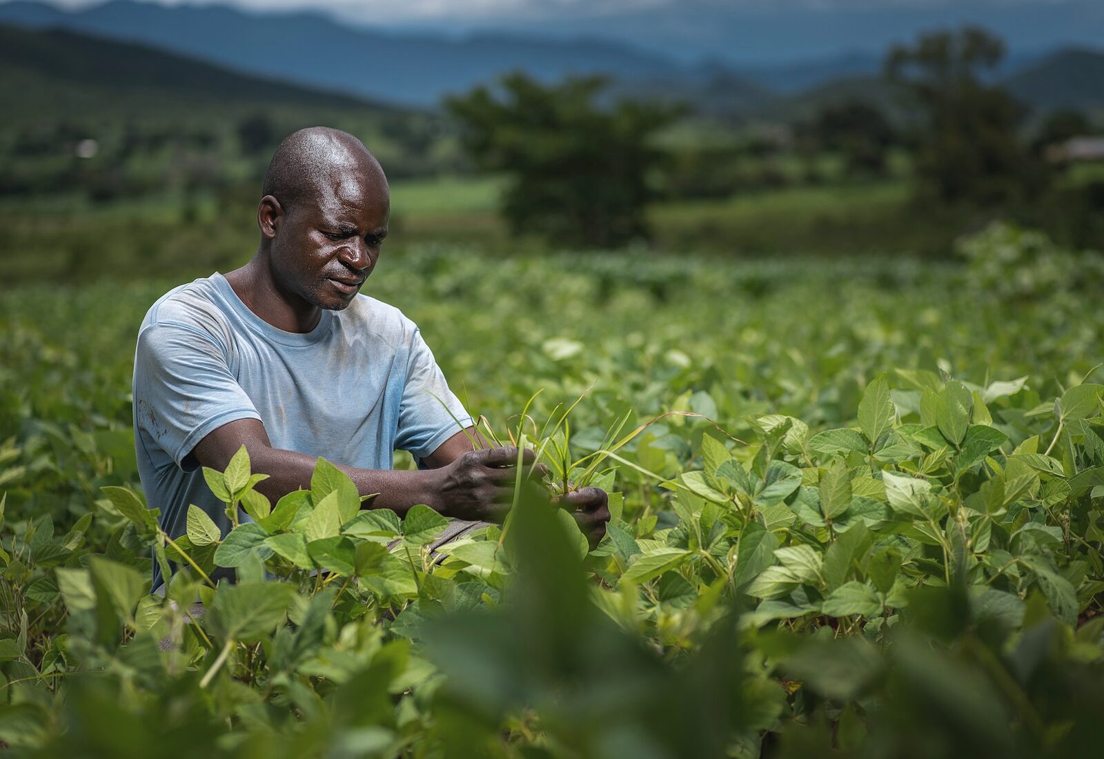 A farmer crouching in a green bean field, inspecting a plant by hand, with hills behind him.