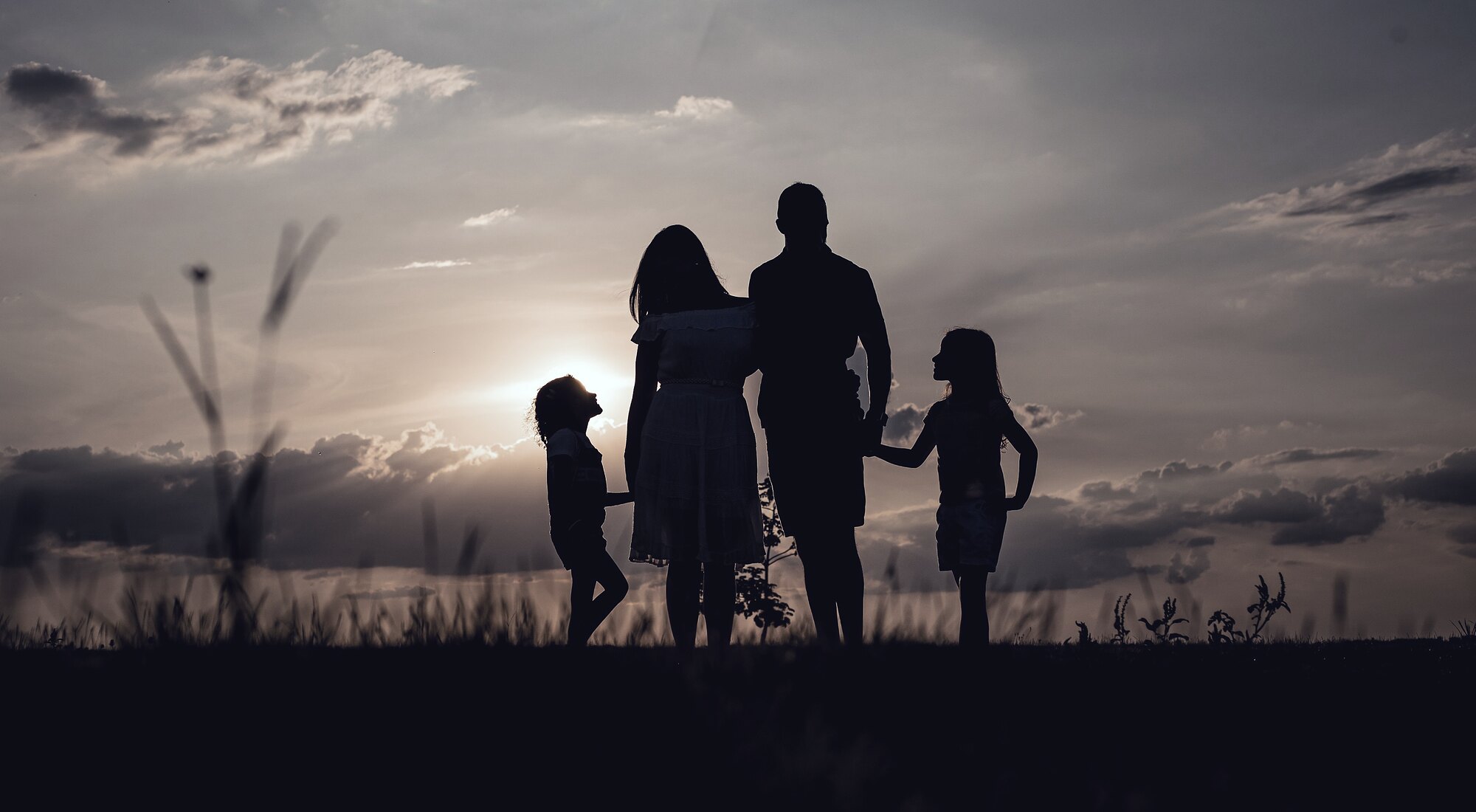A family of four standing together in long grass, silhouetted against a low sun and banked cloud at dusk.