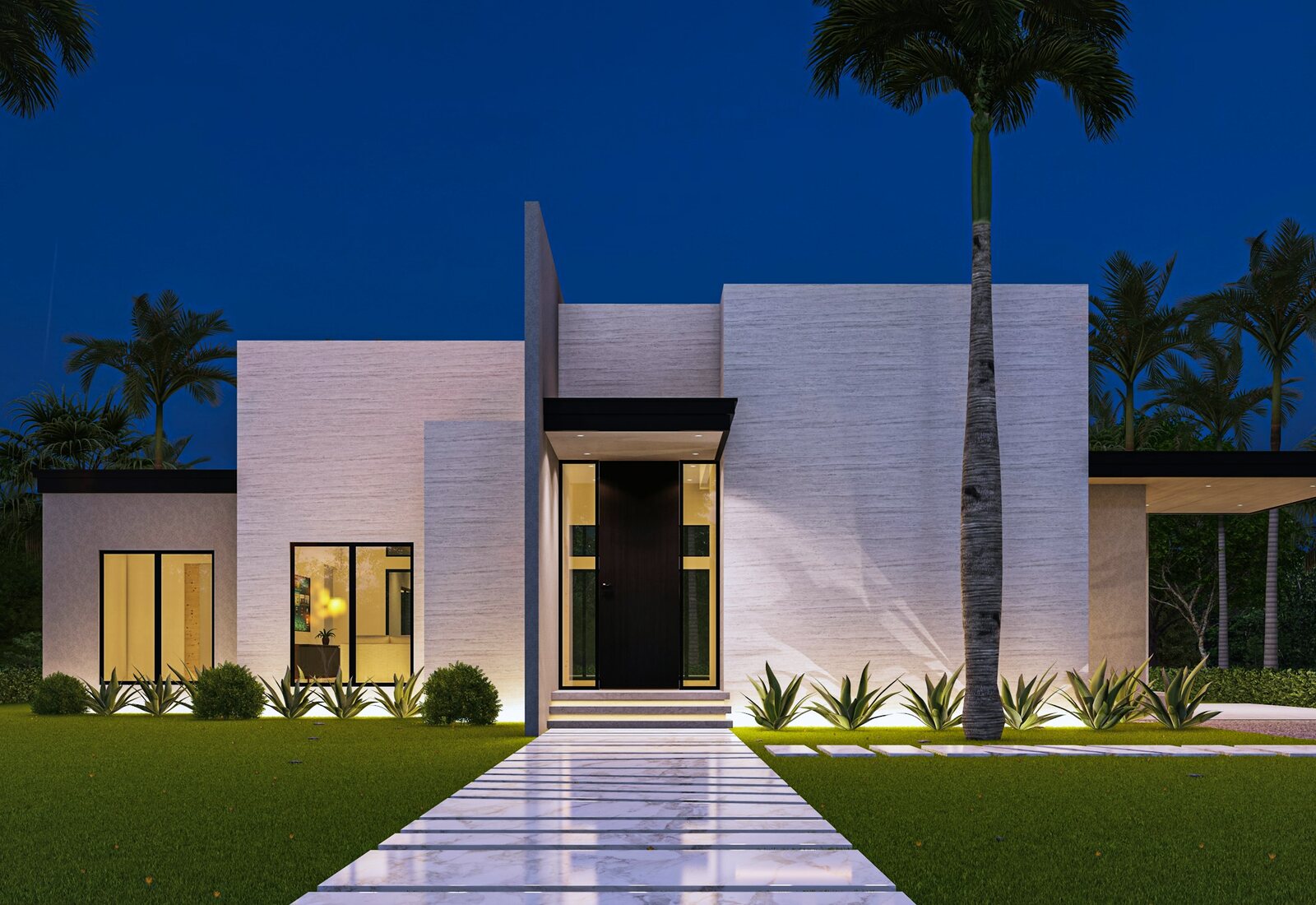 A low modern house lit from within at dusk, a lit path leading to the front door under a deep blue sky.